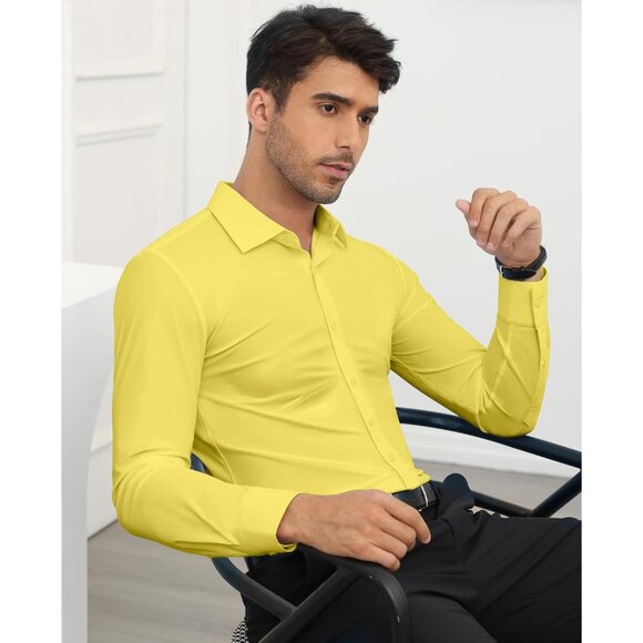 Men's Yellow Long Sleeve Slim Muscle Fit Wrinkle Free Button Down Dress Shirts - Picture 5 of 8